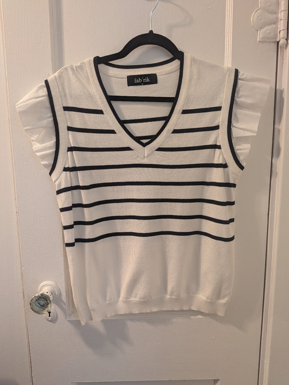 fab'rik Fabrik White and Black Striped V-Neck Ruffle Sleeve Top - Size M